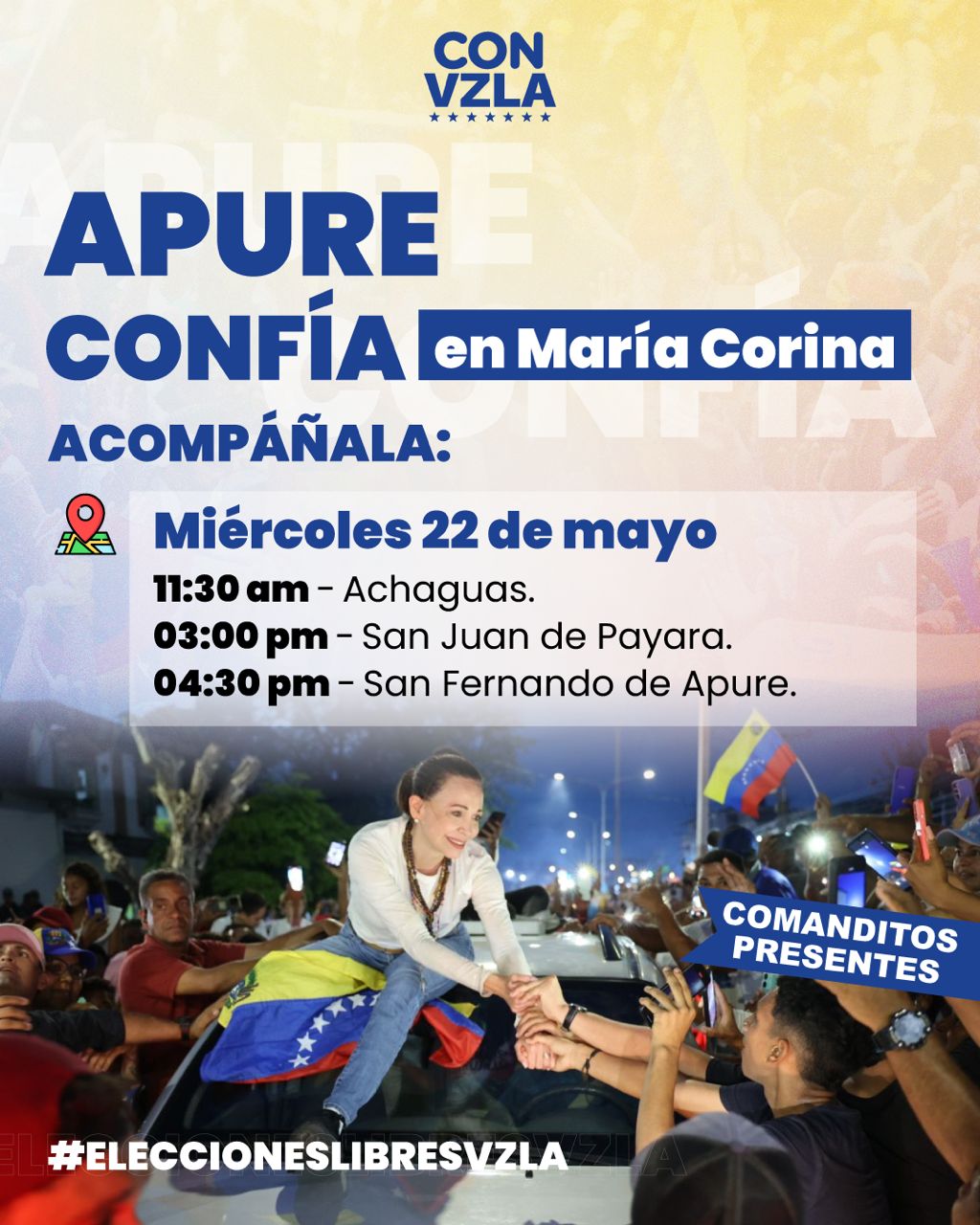 Achaguas, San Juan de Payara y San Fernando de Apure reciben este miércoles a María Corina